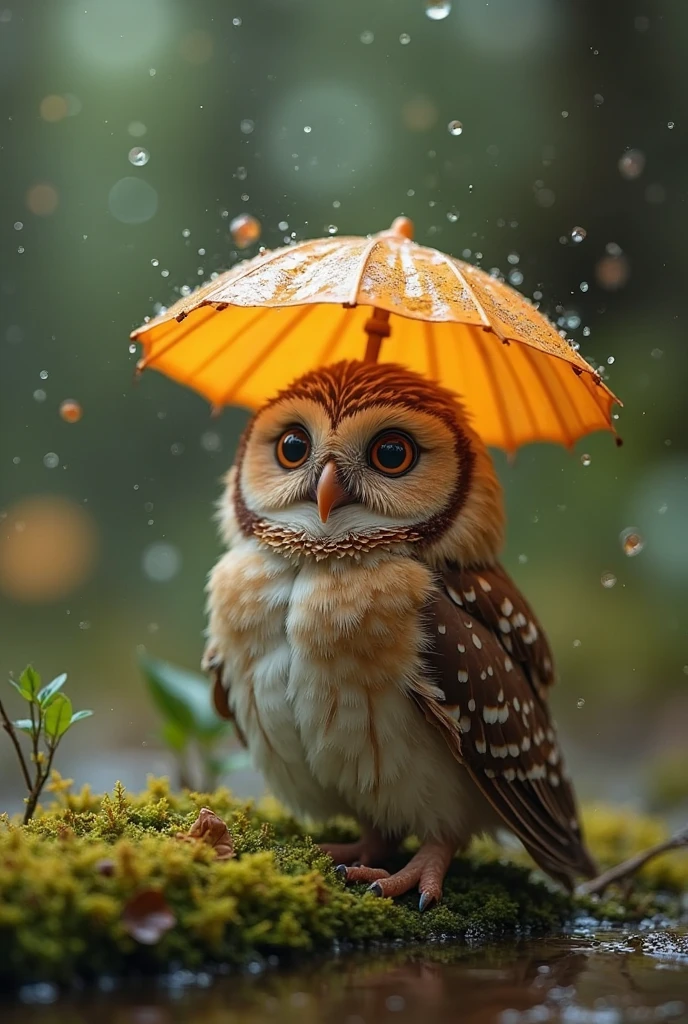 An image that blends realism with artistic enhancements,捕捉了一只小巧可爱的猫头鹰在小雨中躲在一朵鲜艳的橘红色Cogumelos下的场景,The style incorporates natural photography、Fantasy wildlife art and bokeh cinematography。The scene exudes a serene and slightly magical vibe,This owl,With soft brown and white mottled feathers,Gaze upwards,The expression is gentle and curious,Seems to be content with its natural umbrella。The owl's feathers are delicate,Each feather catches the soft, diffused light,突显出被rainwater微微打湿的外观。Cogumelos,With a smooth and shiny cap,Towering bright colors,Its bright orange hue contrasts beautifully with the surrounding green moss and soft brown feathers。Cogumelos的菌盖轻轻弯曲,Showing the light-colored gills underneath,Providing just enough cover for the little owl,Adds a touch of fantasy to the composition。rainwater,Presented with soft vertical stripes,与Cogumelos和猫头鹰互动,Creates tiny splashes of water,Further enhancing the feeling of a fresh rainforest scene。the ground,Covered with dense and thick moss,Colors range from deep forest green to lighter yellow tones,Sprinkled with small leaves and branches,Adding details and rooting the scene in nature、In the muddy environment。Background with,With a soft and blurred bokeh effect,Transitioning from dark greens and browns to lighter tones,创造深度并突出猫头鹰和Cogumelos,Emphasizing their importance in the composition。The overall atmosphere is peaceful and moving,Captures a quiet moment in nature,Even the smallest creatures find shelter and contentment in the natural elements。