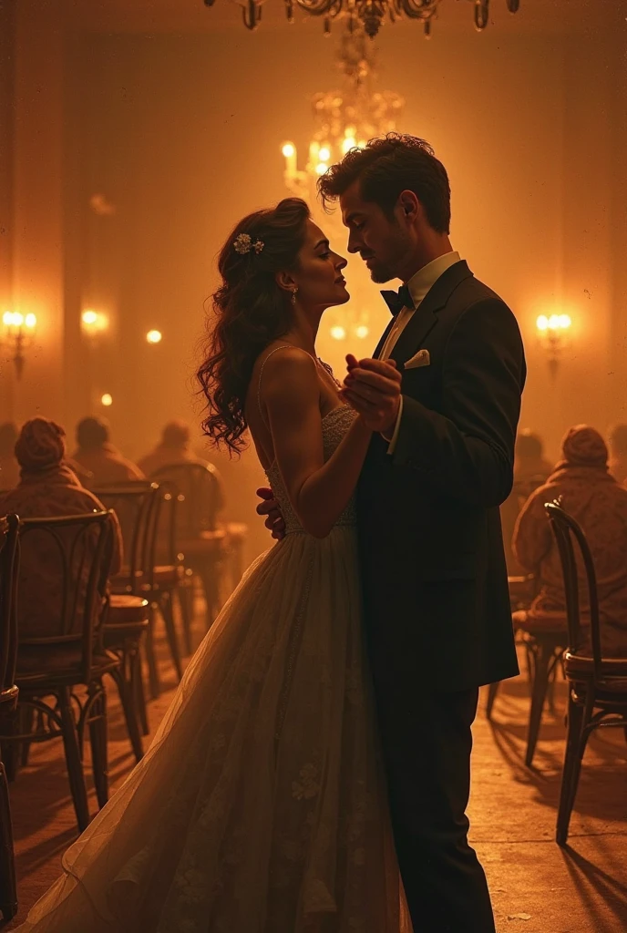 A pair of vintage-inspired couples dancing in a candlelit ballroom, Surrounded by empty chairs and fading music. Scene conveys memories and melancholy, Painted in textured digital oil painting style. Warm lights, Old color palette, Notice the folds of clothing and facial expressions. Timeless visual poetry, movie picture quality, High resolution finish.