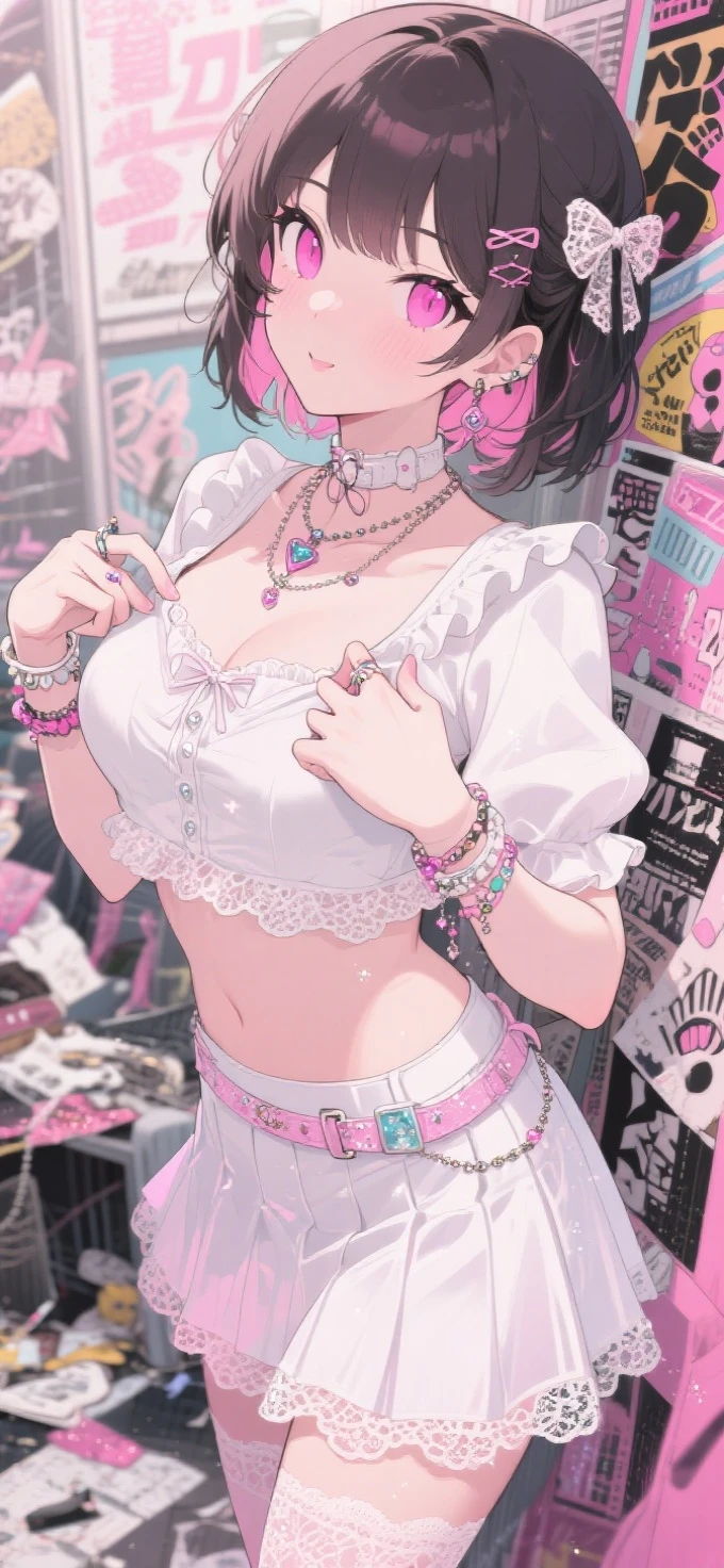 Celluloid style,quadratic element,anime,Retro comics,close-up,Detailed face,Pink eyes,Wearing a white shirt and frilly skirt,Decorated with various accessories,The background is full of elements of Japanese subculture,Stylish trash heaps and noise Popular manic atmosphere,Pink and white tones,japanese manga。