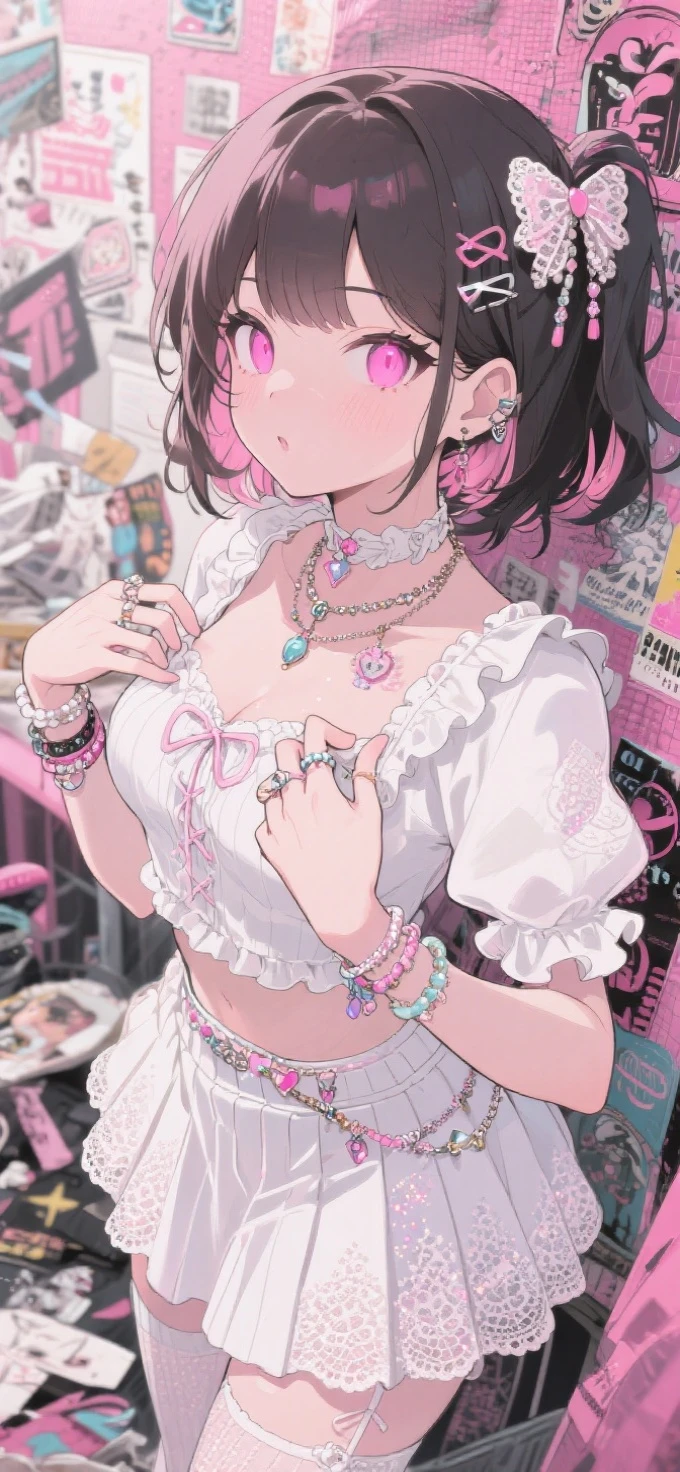 Celluloid style,quadratic element,anime,Retro comics,close-up,Detailed face,Pink eyes,Wearing a white shirt and frilly skirt,Decorated with various accessories,The background is full of elements of Japanese subculture,Stylish trash heaps and noise Popular manic atmosphere,Pink and white tones,japanese manga。