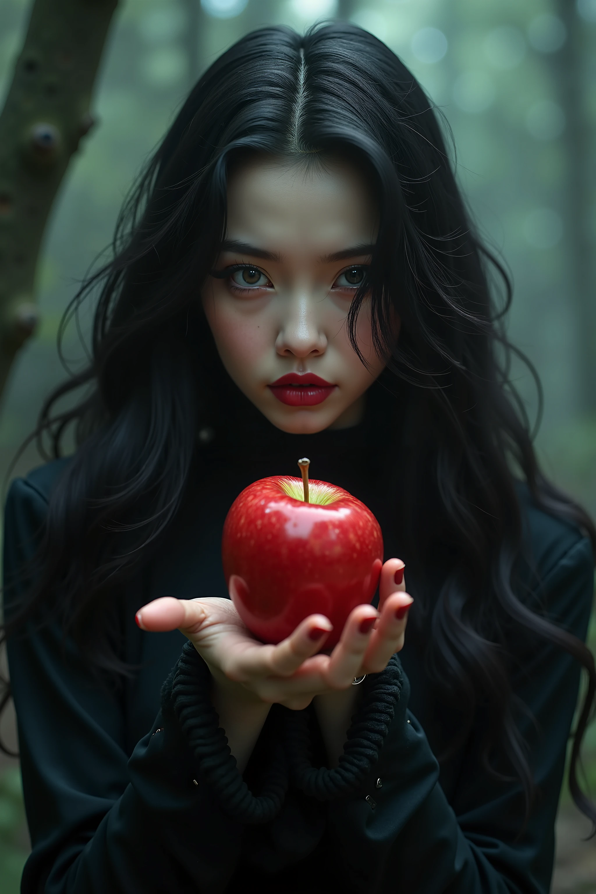 ((RAW Photo), absurd, (absurdresolution)), masterpiece, best quality, (Extremely detailed 8k unity CG wallpaper), (best illustration), (best shadow), Realistic lighting, beautiful detailed glow, ((21 years old)), girl, long black hair, black queen, accessories, apple in hand, poisoned apples, witch queen, red lipstick, (((Photographic Perspective of her)))发似懂非懂