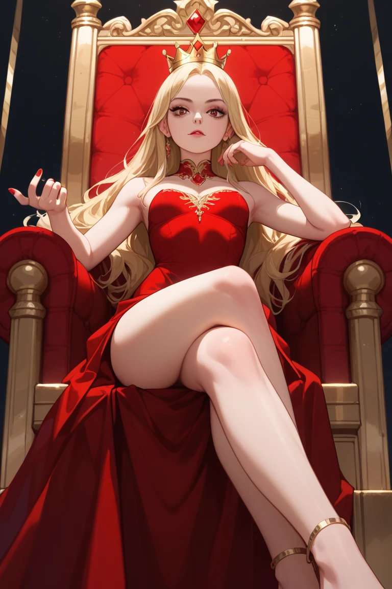 (Rating 9,rating 8 or above:1.1),rating 7 or above,1 girl,petite,blonde,Long hair,Sitting on the Golden Throne,Red Royal Dress,Red Royal Miniskirt,upper legs,crossed legs,View from below,Superiority,Throne Room,Golden Crown,nail polish,Red nails