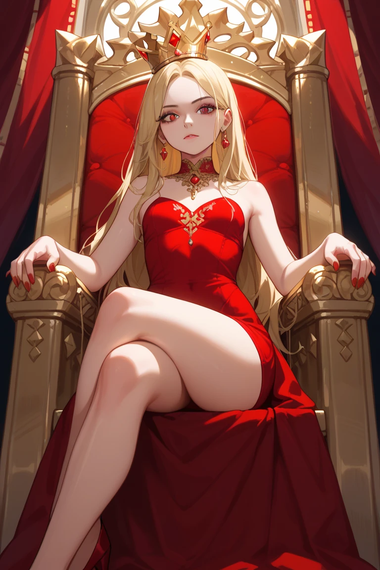(Rating 9,rating 8 or above:1.1),rating 7 or above,1 girl,petite,blonde,Long hair,Sitting on the Golden Throne,Red Royal Dress,Red Royal Miniskirt,upper legs,crossed legs,View from below,Superiority,Throne Room,Golden Crown,nail polish,Red nails
