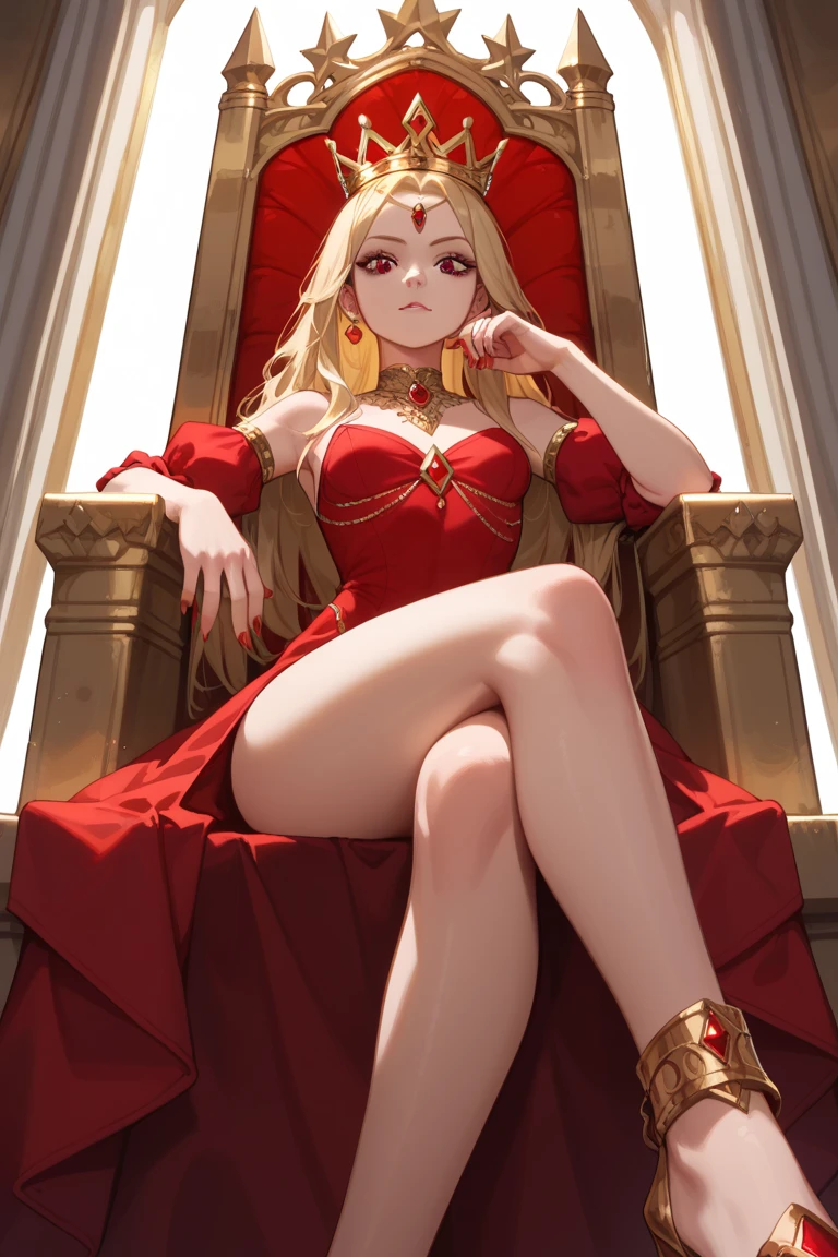 (Rating 9,rating 8 or above:1.1),rating 7 or above,1 girl,petite,blonde,Long hair,Sitting on the Golden Throne,Red Royal Dress,Red Royal Miniskirt,upper legs,crossed legs,View from below,Superiority,Throne Room,Golden Crown,nail polish,Red nails