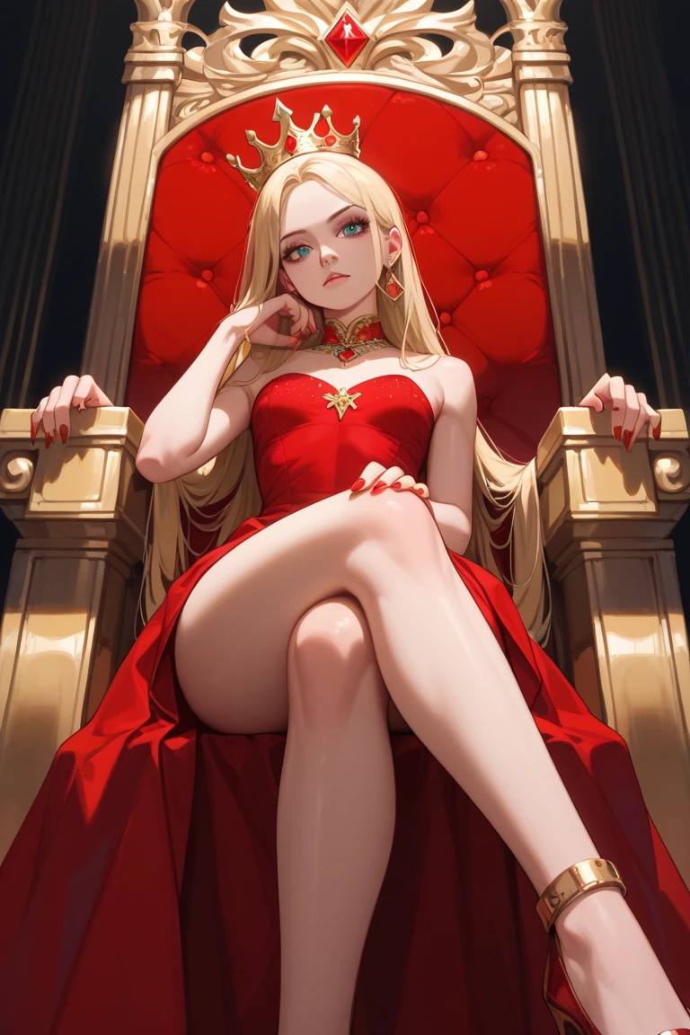 (Rating 9,rating 8 or above:1.1),rating 7 or above,1 girl,petite,blonde,Long hair,Sitting on the Golden Throne,Red Royal Dress,Red Royal Miniskirt,upper legs,crossed legs,View from below,Superiority,Throne Room,Golden Crown,nail polish,Red nails
