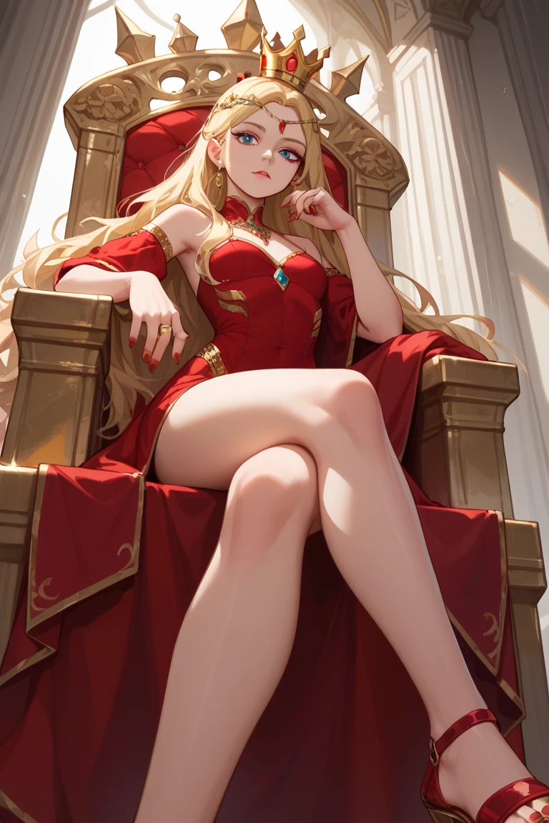 (Rating 9,rating 8 or above:1.1),rating 7 or above,1 girl,petite,blonde,Long hair,Sitting on the Golden Throne,Red Royal Dress,Red Royal Miniskirt,upper legs,crossed legs,View from below,Superiority,Throne Room,Golden Crown,nail polish,Red nails