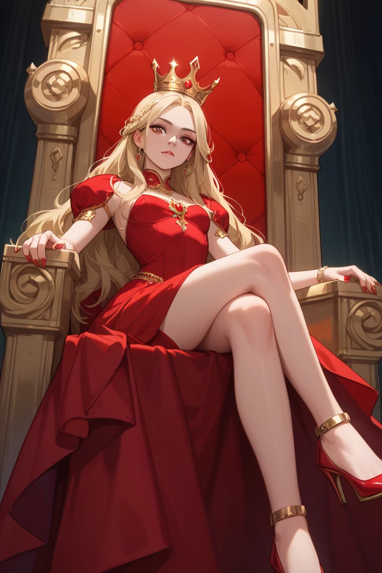 (Rating 9,rating 8 or above:1.1),rating 7 or above,1 girl,petite,blonde,Long hair,Sitting on the Golden Throne,Red Royal Dress,Red Royal Miniskirt,upper legs,crossed legs,View from below,Superiority,Throne Room,Golden Crown,nail polish,Red nails