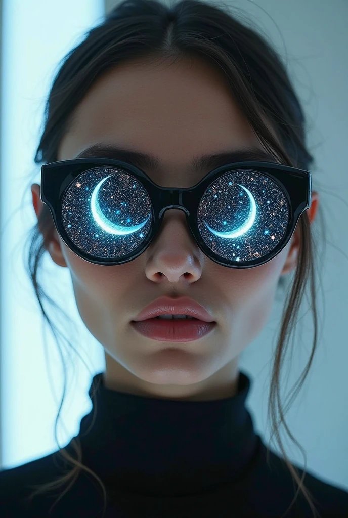The model is wearing glass sunglasses，with stars and moon on the lenses