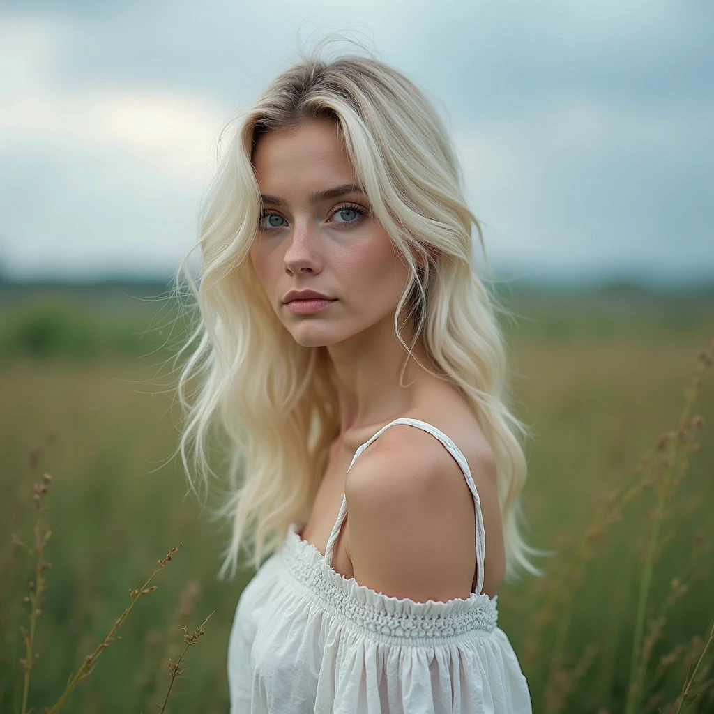 high-definition photography,Beautiful Caucasian Women,white skinned,blonde,Blue eyes,white dress,black dress,cavalos,与cavalos站在一起,Portrait Photogram,detailized face,gracefulpose,blue-sky,green meadows,steppe landscape,Lush Flowers,natural light,Professional photography,sharp fokus,Real details,Cinematic composition,rainy days