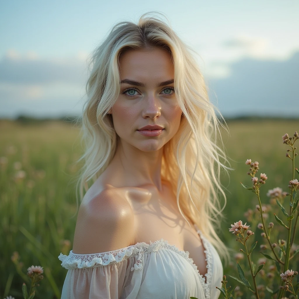 high-definition photography,Beautiful Caucasian Women,white skinned,blonde,Blue eyes,white dress,black dress,cavalos,与cavalos站在一起,Portrait Photogram,detailized face,gracefulpose,blue-sky,green meadows,steppe landscape,Lush Flowers,natural light,Professional photography,sharp fokus,Real details,Cinematic composition,rainy days