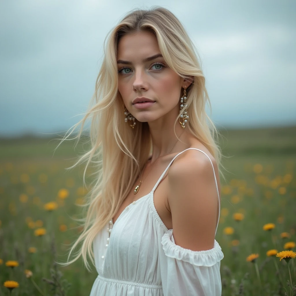high-definition photography,Beautiful Caucasian Women,white skinned,blonde,Blue eyes,white dress,black dress,cavalos,与cavalos站在一起,Portrait Photogram,detailized face,gracefulpose,blue-sky,green meadows,steppe landscape,Lush Flowers,natural light,Professional photography,sharp fokus,Real details,Cinematic composition,rainy days
