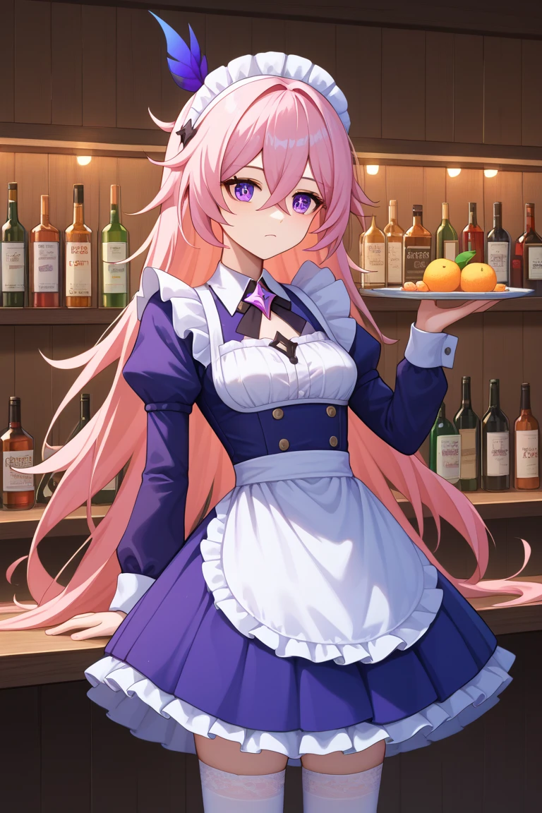 skor_9, skor_8_ke_atas, skor_7_ke_atas, sumber_anime, skor_9, skor_8_ke_atas, skor_7_ke_atas, sumber_anime, ray tracing, kualitas terbaik, 1gadis, firefly honkai:starrailhonkai:starrail, solo, very long hair, rambut gradien, rambut abu-abu, hair between the eyes, asupan rambut, purple eyes, pelayan, maid headdress, celemek pelayan, malu, white stockings, mulut terbuka, merona, tersenyum, mulut terbuka, memegang piring, melihat ke penonton, cowboy shot, bar temptsize, indoor, kedalaman bidang
