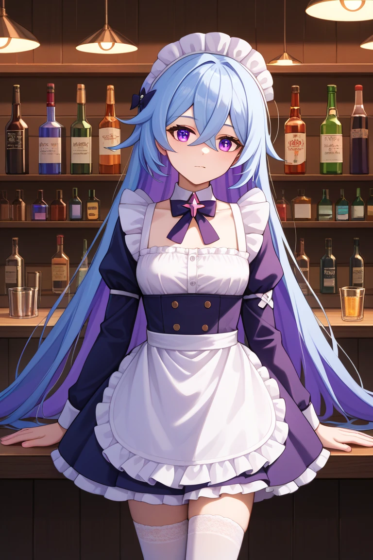 skor_9, skor_8_ke_atas, skor_7_ke_atas, sumber_anime, skor_9, skor_8_ke_atas, skor_7_ke_atas, sumber_anime, ray tracing, kualitas terbaik, 1gadis, firefly honkai:starrailhonkai:starrail, solo, very long hair, rambut gradien, rambut abu-abu, hair between the eyes, asupan rambut, purple eyes, pelayan, maid headdress, celemek pelayan, malu, white stockings, mulut terbuka, merona, tersenyum, mulut terbuka, memegang piring, melihat ke penonton, cowboy shot, bar temptsize, indoor, kedalaman bidang