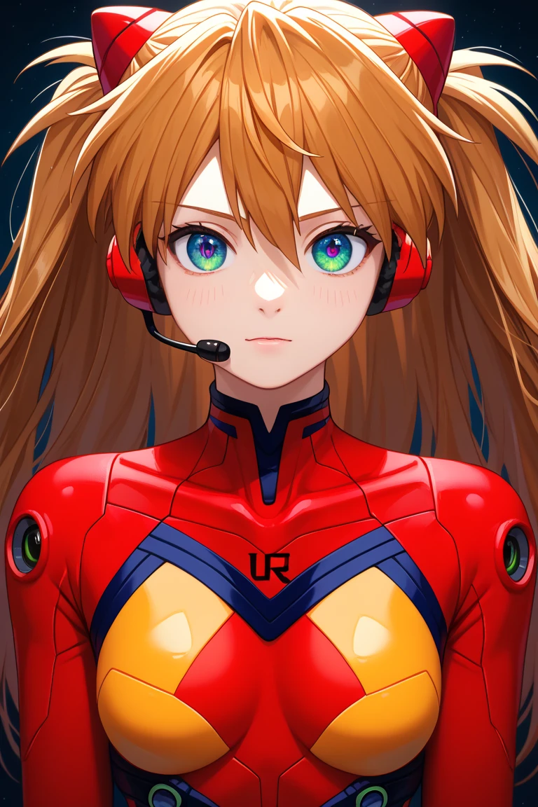 skor9, skor8keatas, skor7keatas, mahakarya, kualitas terbaik, sangat estetis, ultra high resolution, 4K, wallpaper CG unity 8k very detailed, (tampak dari atas), sudut dinamis, detail super, ilustrasi, close-up, depan, 1 gadis, ((Soryu Asuka Langley, headset antarmuka, bodysuit merah:1.4, rambut pirang)), his eyes shine like a dream star, (mata bercahaya:1.233), (beautiful eyes and details:1.1), (tanpa ekspresi, mulut tertutup), (berdiri), (ruang mesin, with tools and windows of the spaceship, is inside a white spaceship), (malam:1.2), mimpi, [[smooth fingers and hands:0.55]::0.85], (jari detail)