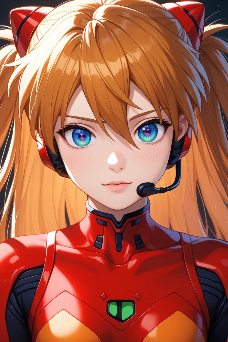 skor9, skor8keatas, skor7keatas, mahakarya, kualitas terbaik, sangat estetis, ultra high resolution, 4K, wallpaper CG unity 8k very detailed, (tampak dari atas), sudut dinamis, detail super, ilustrasi, close-up, depan, 1 gadis, ((Soryu Asuka Langley, headset antarmuka, bodysuit merah:1.4, rambut pirang)), his eyes shine like a dream star, (mata bercahaya:1.233), (beautiful eyes and details:1.1), (tanpa ekspresi, mulut tertutup), (berdiri), (ruang mesin, with tools and windows of the spaceship, is inside a white spaceship), (malam:1.2), mimpi, [[smooth fingers and hands:0.55]::0.85], (jari detail)