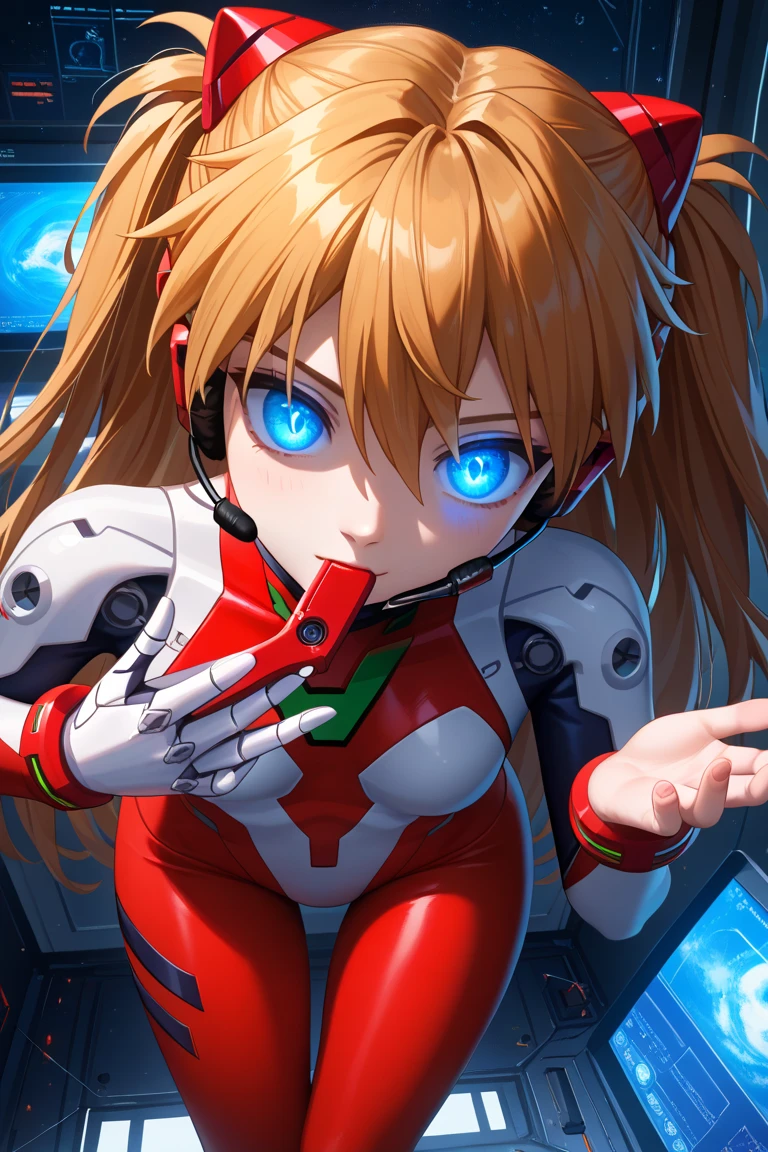 Rating 9，rating 8 or above，rating 7 or above，masterpiece，Best quality，Very Aesthetic，ultra-high resolution，4K，Extremely detailed CG unity 8k wallpaper，(Aerial View)，dynamic angle，Super meticulous，Illustration，close-up，frontage，1 girl，((Soryu Asuka Langley，Mount Headset，Red Tights:1.4，blonde))，她的眼睛闪烁如dream magical星辰，(Glowing Eyes:1.233)，(Beautiful and detailed eyes:1.1)，(Faceless，Close your mouth)，(standing on your feet)，(Mechanical room，with tools and spaceship windows，Inside a white spaceship)，(Night:1.2)，dream magical，[[Delicate fingers and hands:0.55]::0.85]，(Fine fingers)