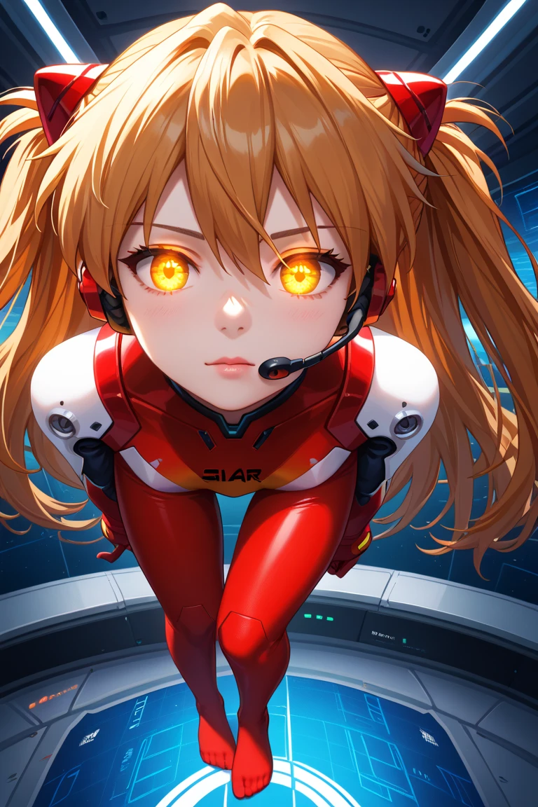 Rating 9，rating 8 or above，rating 7 or above，masterpiece，Best quality，Very Aesthetic，ultra-high resolution，4K，Extremely detailed CG unity 8k wallpaper，(Aerial View)，dynamic angle，Super meticulous，Illustration，close-up，frontage，1 girl，((Soryu Asuka Langley，Mount Headset，Red Tights:1.4，blonde))，她的眼睛闪烁如dream magical星辰，(Glowing Eyes:1.233)，(Beautiful and detailed eyes:1.1)，(Faceless，Close your mouth)，(standing on your feet)，(Mechanical room，with tools and spaceship windows，Inside a white spaceship)，(Night:1.2)，dream magical，[[Delicate fingers and hands:0.55]::0.85]，(Fine fingers)