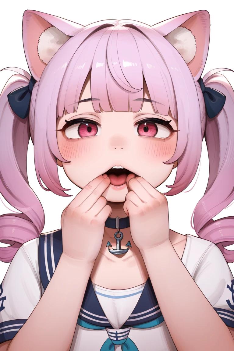 Rating 9,rating 8 or above,rating 7 or above,Source anime,novelance,Created by oekakizuki,1 girl,Dull hair,anchor,anchor符号,Animal Ears Fluff,Qi bangs,Bow knot,pigtails,cat woman,Close your mouth,Put Your Finger Around Your Mouth,heart-shaped,Jewelry,looking at the audience,choker necklace,Official Alternative Costume,Simple Background,soio,双pigtails,Double Helix Roll,The upper part of the body