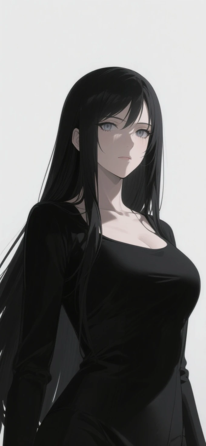 anime two-dimensional lady,super long black hair,cool facial shadows with light,gray pupil color,natural,inside in room,black clothes with clean background,Full body,Face close-up,cool color extreme detail