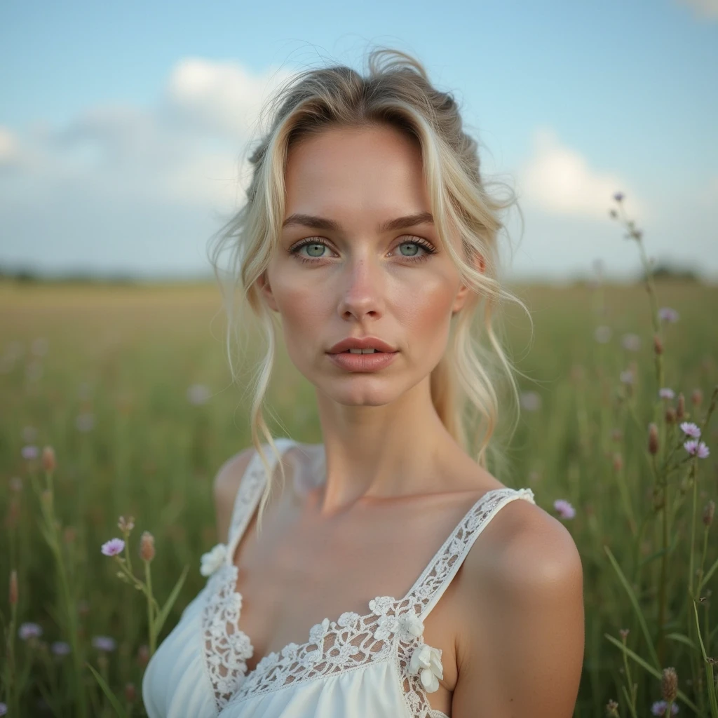 high-definition photography,Beautiful Caucasian Women,white skinned,blonde,Blue eyes,white dress,black dress,cavalos,与cavalos站在一起,Portrait Photogram,detailized face,gracefulpose,blue-sky,green meadows,steppe landscape,Lush Flowers,natural light,Professional photography,sharp fokus,Real details,Cinematic composition,rainy days