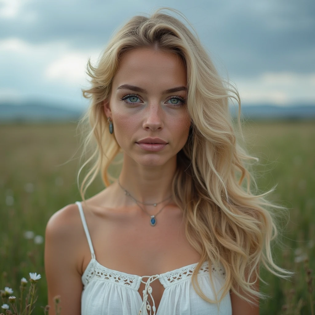 high-definition photography,Beautiful Caucasian Women,white skinned,blonde,Blue eyes,white dress,black dress,cavalos,与cavalos站在一起,Portrait Photogram,detailized face,gracefulpose,blue-sky,green meadows,steppe landscape,Lush Flowers,natural light,Professional photography,sharp fokus,Real details,Cinematic composition,rainy days