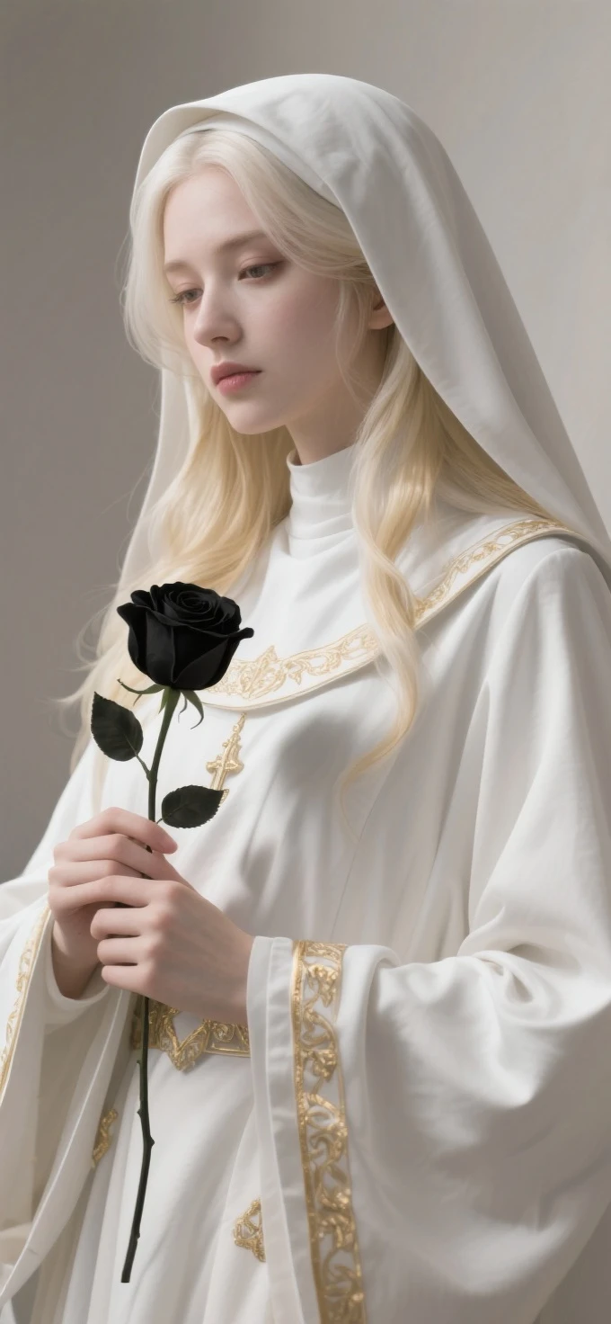 Anime style,Realistic illustration of a charming white haired nun holding a black rose,Long blond hair with bangs,A flowing white cape with golden edges,exquisite lighting and shadows