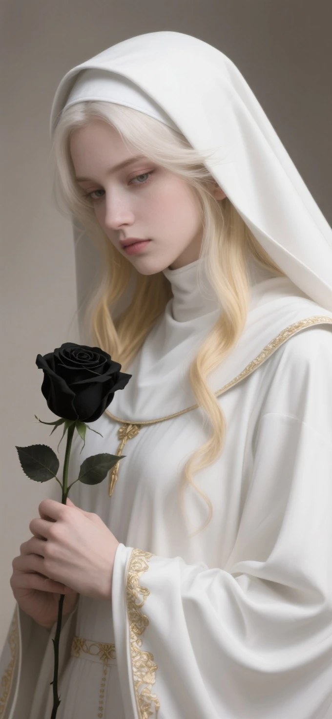 Anime style,Realistic illustration of a charming white haired nun holding a black rose,Long blond hair with bangs,A flowing white cape with golden edges,exquisite lighting and shadows