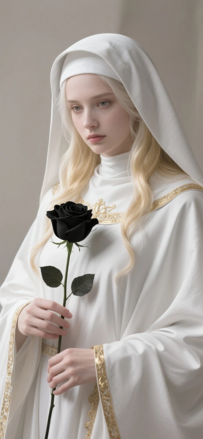 Anime style,Realistic illustration of a charming white haired nun holding a black rose,Long blond hair with bangs,A flowing white cape with golden edges,exquisite lighting and shadows