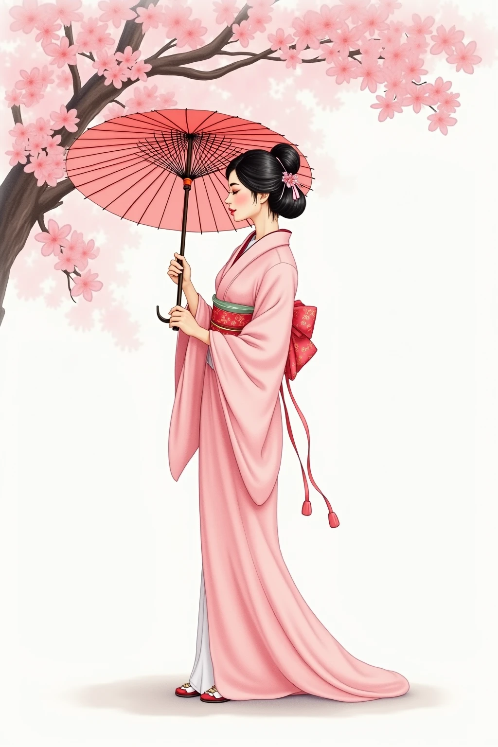 Watercolor style illustration，A beautiful oriental woman standing under a cherry blossom tree，Wears a pale pink kimono，hand holding oil-paper umbrella，The background is a hazy watercolor smudge effect，Soft color transitions and white finish，Half body portrait composition