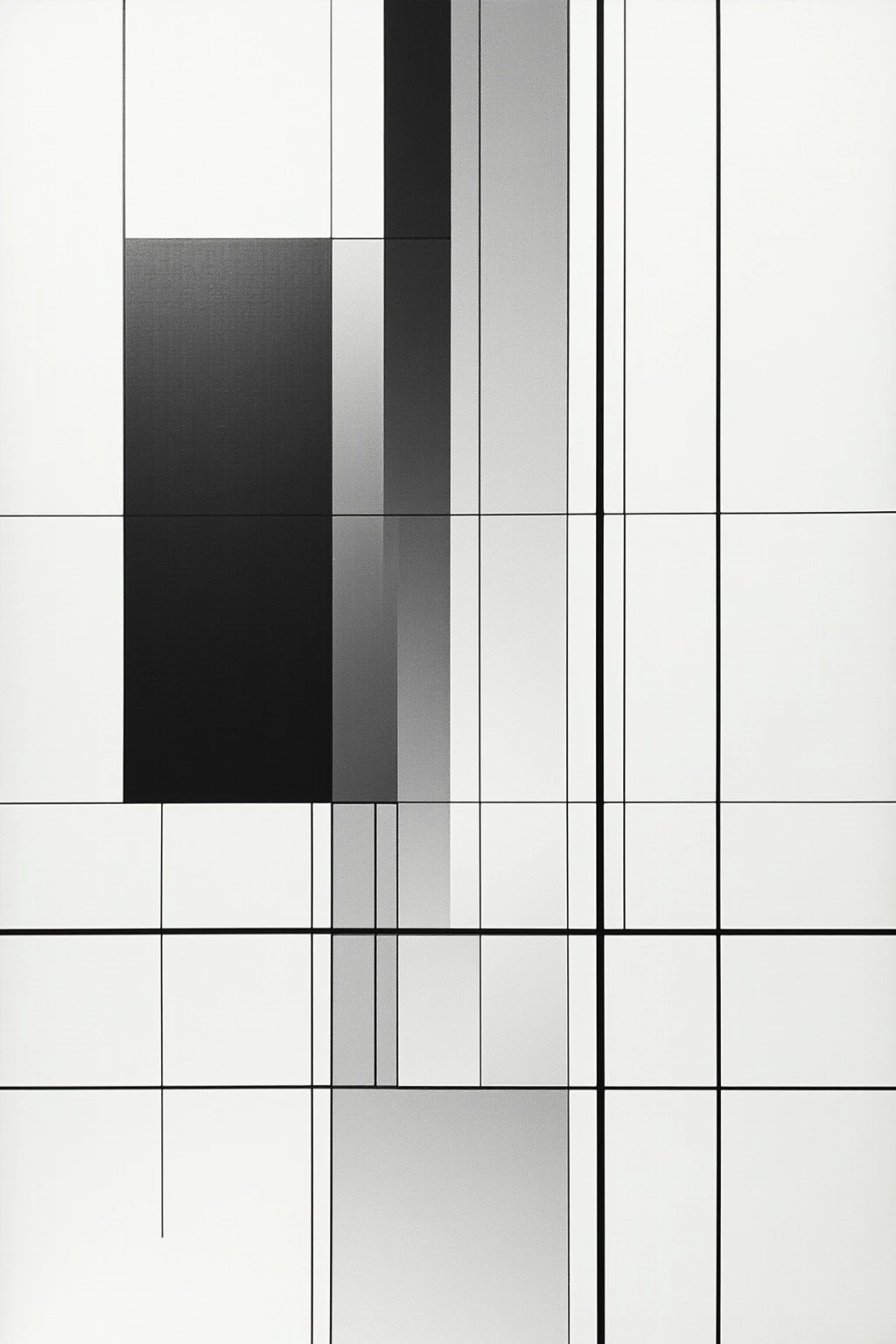 Mondrian-style composition under the precision grid system,Black and white abstract geometric works strictly follow the golden ratio,consists of precise straight lines and sharp rectangles,The grid lines are clearly visible,forms a strict visual order。