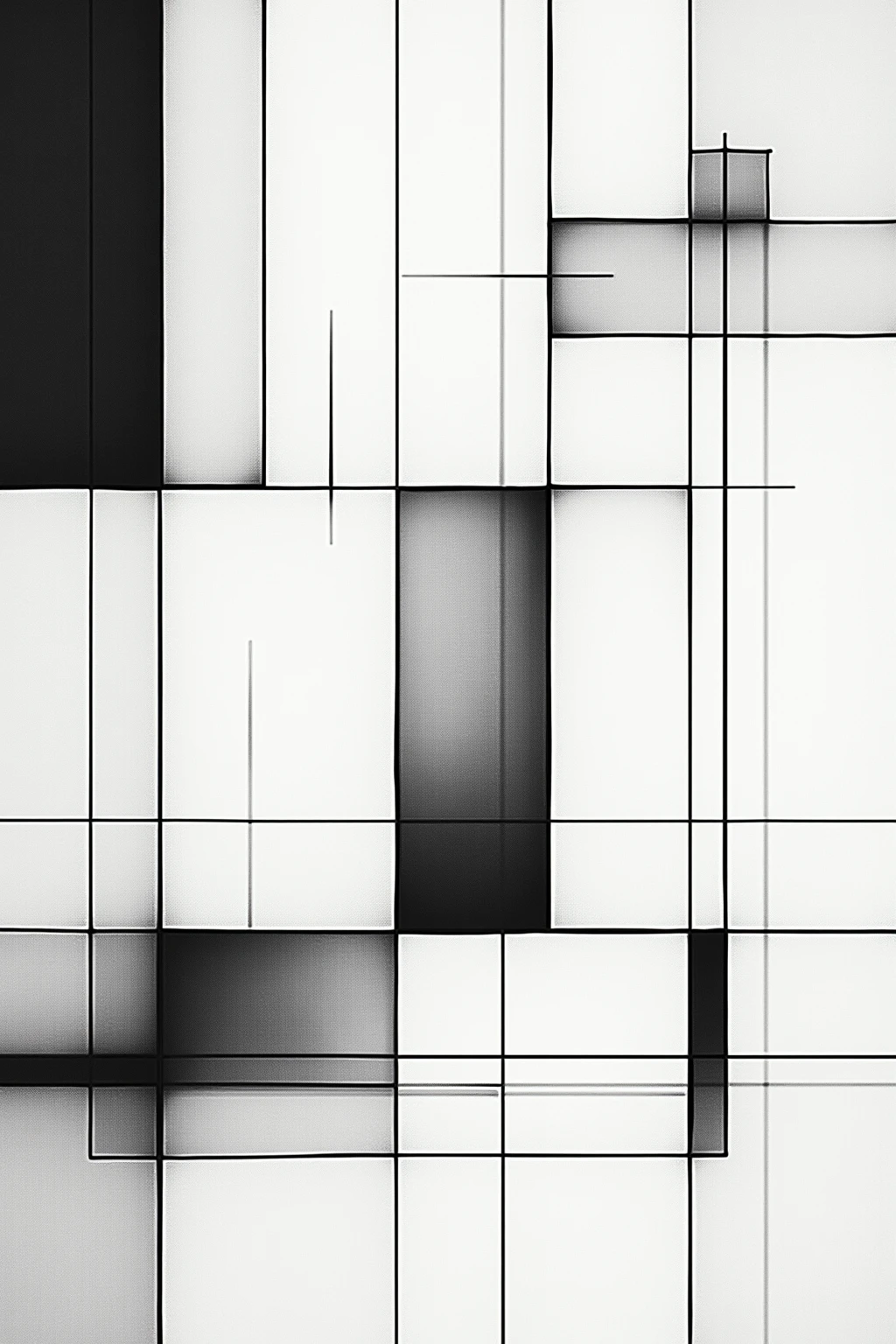 Mondrian-style composition under the precision grid system,Black and white abstract geometric works strictly follow the golden ratio,consists of precise straight lines and sharp rectangles,The grid lines are clearly visible,forms a strict visual order。