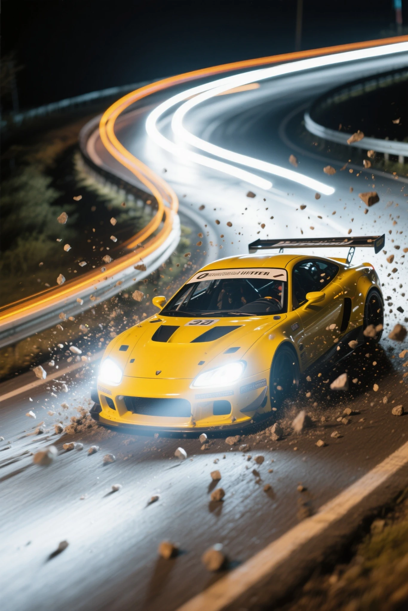 yellow racing car，lightpainting，Bullet time，The Decisive Moment of Overtaking a Corner at Night，Small Grained Gravel Splashes。Car Light Trajectory，high speed，motionblur，Dynamic Movement and Energy，Original Unfinished Style，An Ultra Realistic Masterpiece，Original photos，32K，HighDynamicRange。