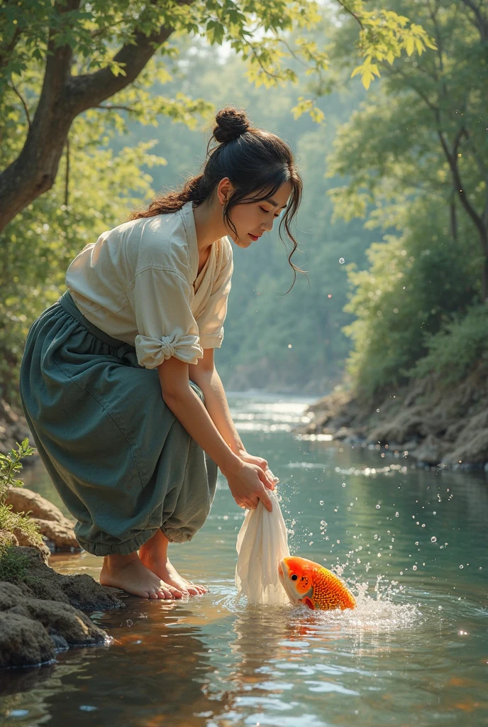 A woman washes clothes by the river,A carp spits bubbles at the riverside