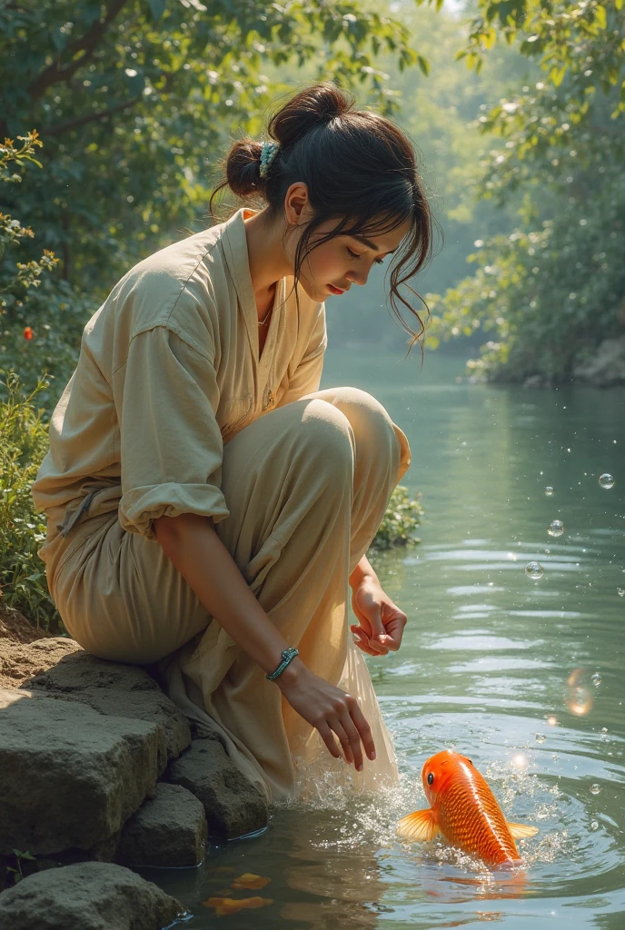 A woman washes clothes by the river,A carp spits bubbles at the riverside