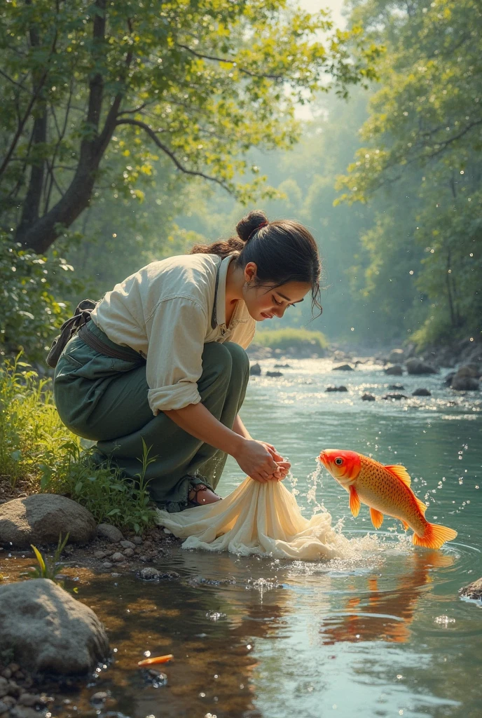 A woman washes clothes by the river,A carp spits bubbles at the riverside