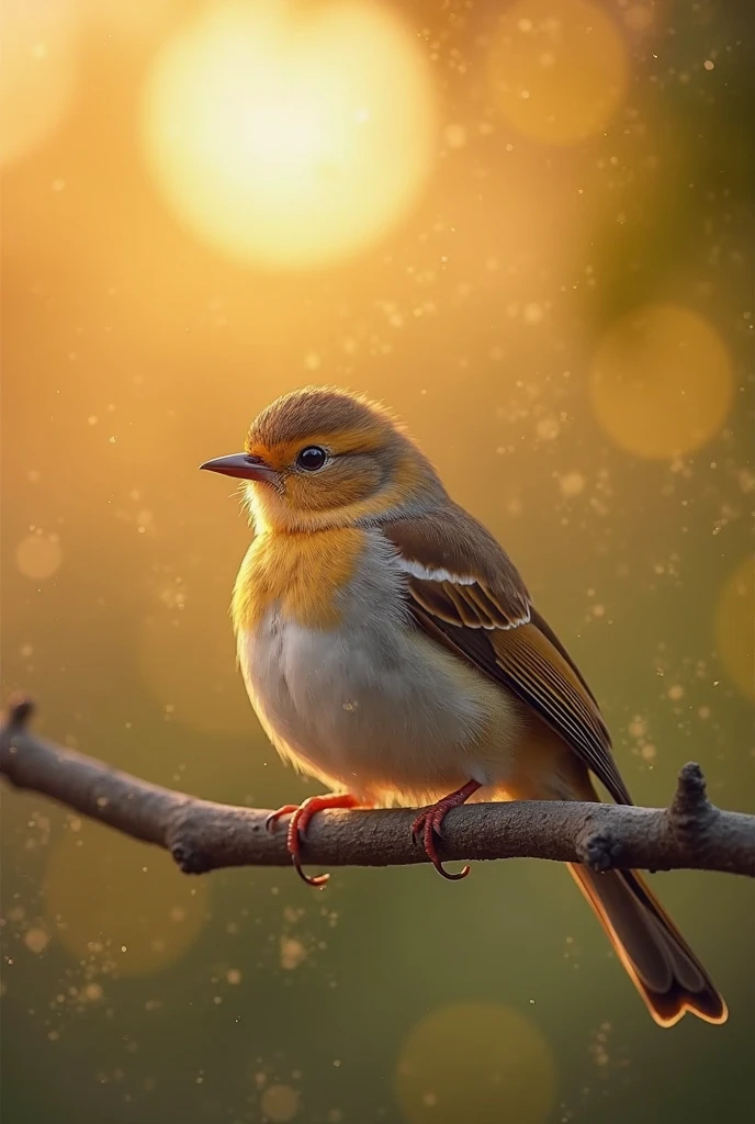 Ultra HD photo with a soft texture,A beautiful bird,resting peacefully on a branch,golden sun gently shines,a bokeh ball gently surrounding the,Quiet morning,Exquisite details,Realistic photography style,natural light,fresh and soft colors