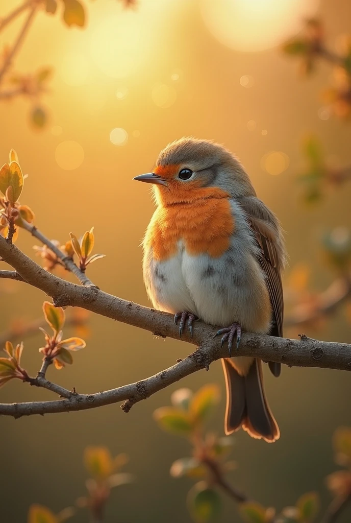 Ultra HD photo with a soft texture,A beautiful bird,resting peacefully on a branch,golden sun gently shines,a bokeh ball gently surrounding the,Quiet morning,Exquisite details,Realistic photography style,natural light,fresh and soft colors