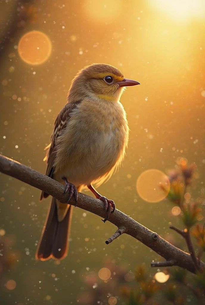 Ultra HD photo with a soft texture,A beautiful bird,resting peacefully on a branch,golden sun gently shines,a bokeh ball gently surrounding the,Quiet morning,Exquisite details,Realistic photography style,natural light,fresh and soft colors