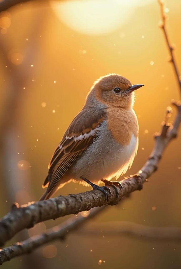Ultra HD photo with a soft texture,A beautiful bird,resting peacefully on a branch,golden sun gently shines,a bokeh ball gently surrounding the,Quiet morning,Exquisite details,Realistic photography style,natural light,fresh and soft colors