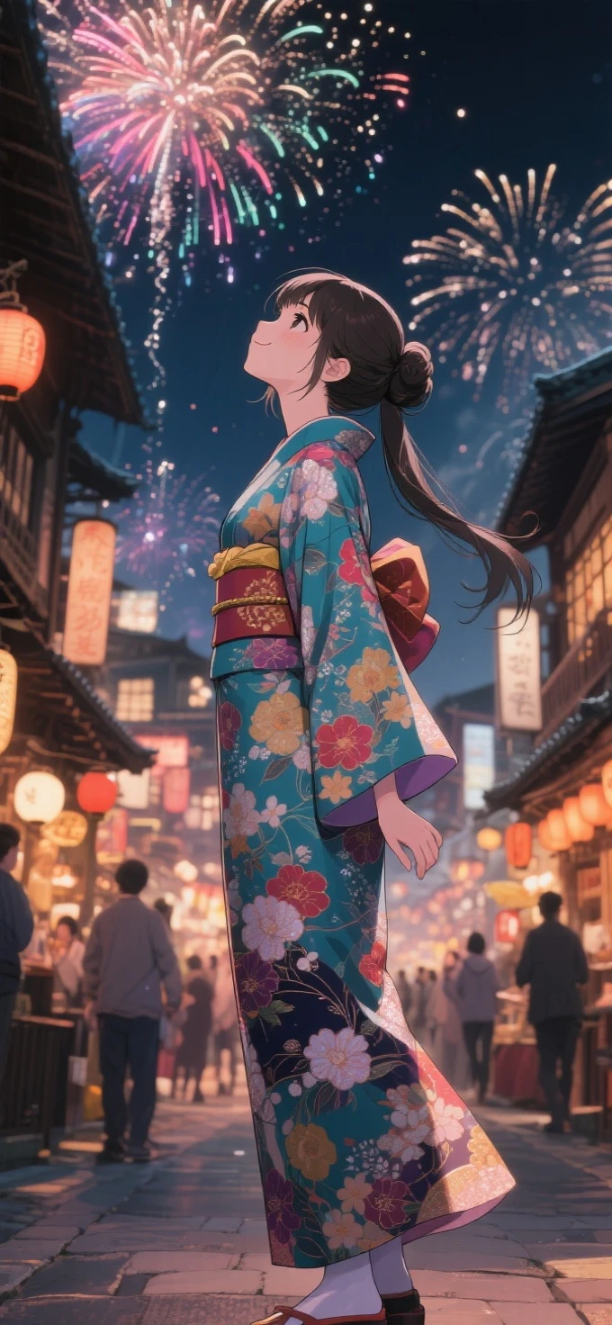 two-dimensional Japanese animated comic style,a beauty girl,wearing kimonos,Coiled hair,natta,bustling Japanese town streets,fire works,Close-up face close-up