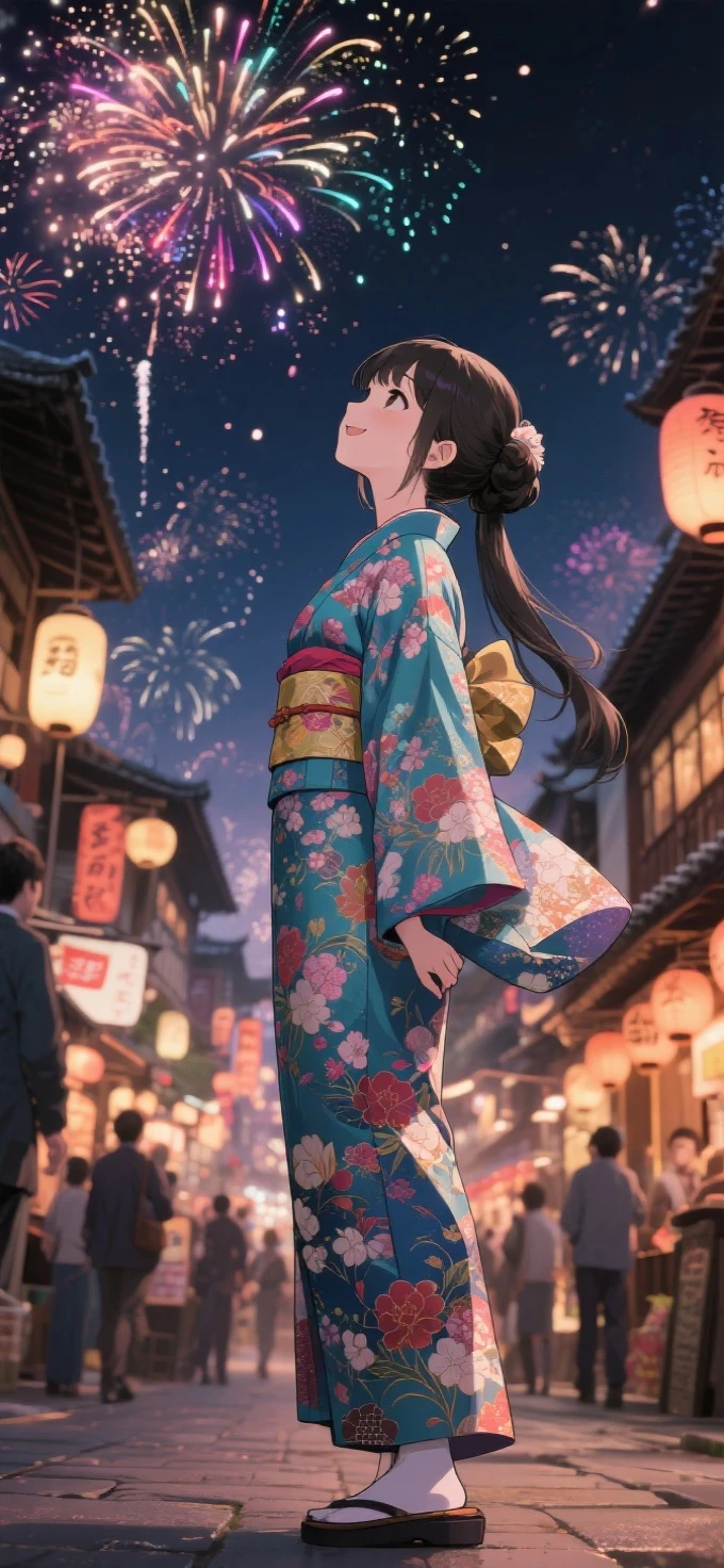 two-dimensional Japanese animated comic style,a beauty girl,wearing kimonos,Coiled hair,natta,bustling Japanese town streets,fire works,Close-up face close-up