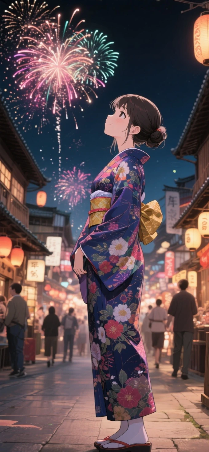 two-dimensional Japanese animated comic style,a beauty girl,wearing kimonos,Coiled hair,natta,bustling Japanese town streets,fire works,Close-up face close-up