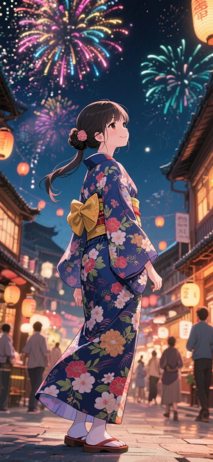 two-dimensional Japanese animated comic style,a beauty girl,wearing kimonos,Coiled hair,natta,bustling Japanese town streets,fire works,Close-up face close-up