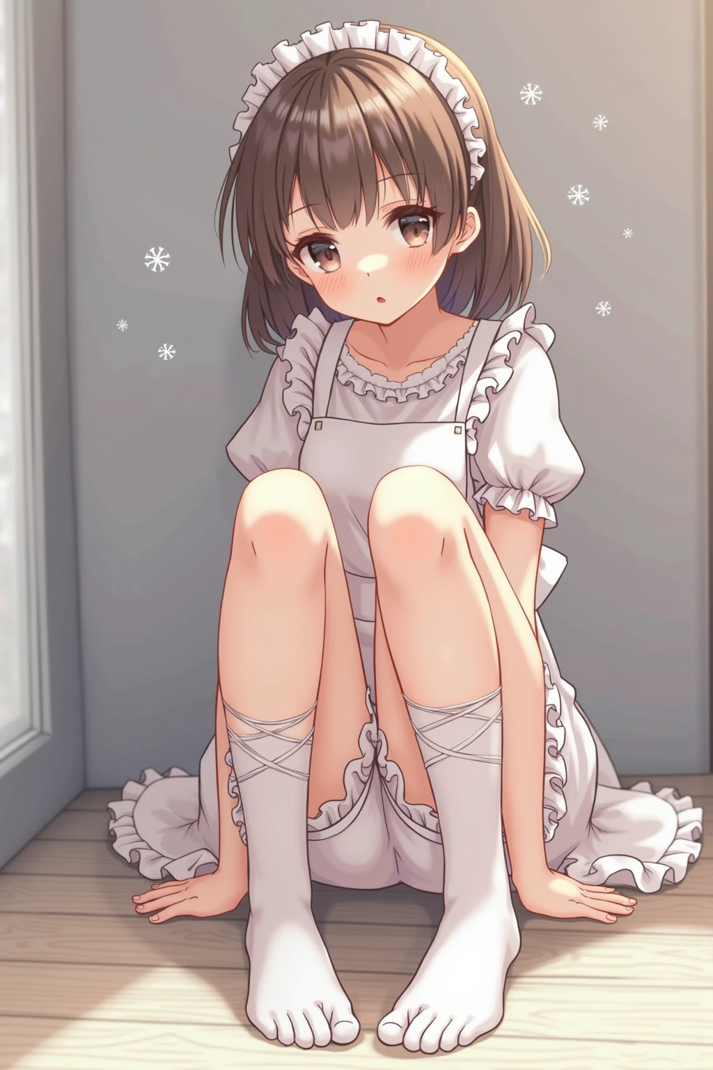 1 girl, maid, sitting, frilled socks, from below, soles, embarrassed, bike shorts, pouty lips, toeless legwear, cross-laced legwear, masterpiece, best quality, uncensored