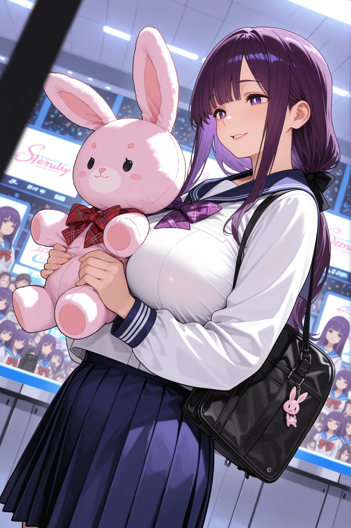 masterpiece,Best quality,Amazing quality,up-to-date,超High resolution,High resolution,up-to-date,Side view,View from below,Dutch angle,1 girl,Perfect eyes,detailed eyes,mature woman,齐By bangs,Long hair,hair straight,looking at the audience,slightly open lips,faint smile,Plump breasts,a sailor suit,untied red plaid bow tie,blue pleated skirt,鎖骨,collared shir,(holding a pink rabbit plush toy),bookbag,point to,Trinkets,Game hall,Doll catching machine,detailed background,volumettic light,Depth of field,shadowing,fern,By bangs,purple eyes,purple hair,Lateral hair,平齐By bangs,bright pupils,Half-tied hairstyle,joy