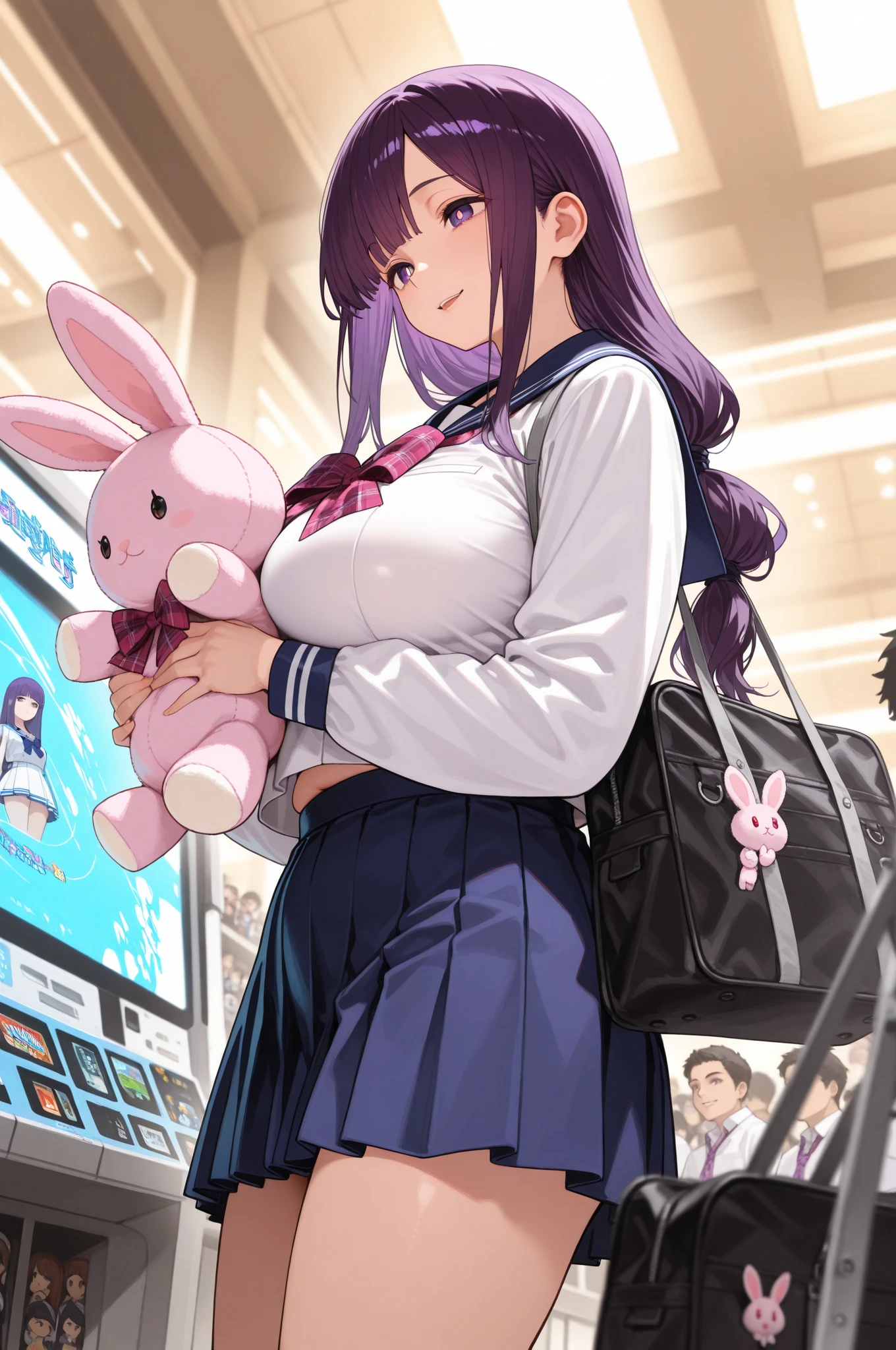 masterpiece,Best quality,Amazing quality,up-to-date,超High resolution,High resolution,up-to-date,Side view,View from below,Dutch angle,1 girl,Perfect eyes,detailed eyes,mature woman,齐By bangs,Long hair,hair straight,looking at the audience,slightly open lips,faint smile,Plump breasts,a sailor suit,untied red plaid bow tie,blue pleated skirt,鎖骨,collared shir,(holding a pink rabbit plush toy),bookbag,point to,Trinkets,Game hall,Doll catching machine,detailed background,volumettic light,Depth of field,shadowing,fern,By bangs,purple eyes,purple hair,Lateral hair,平齐By bangs,bright pupils,Half-tied hairstyle,joy