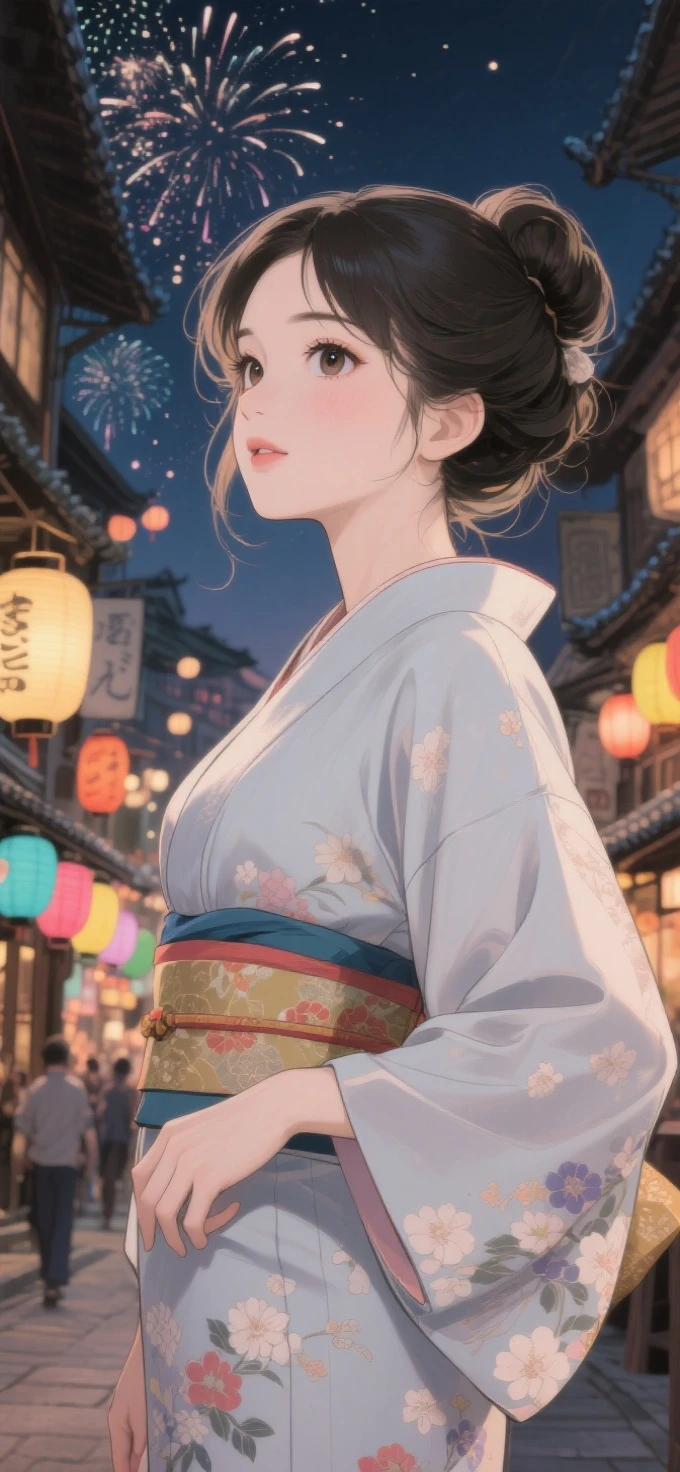 two-dimensional Japanese animated comic style，a beauty girl，wearing kimonos，Coiled hair，natta，bustling Japanese town streets，fire works，Close-up face close-up