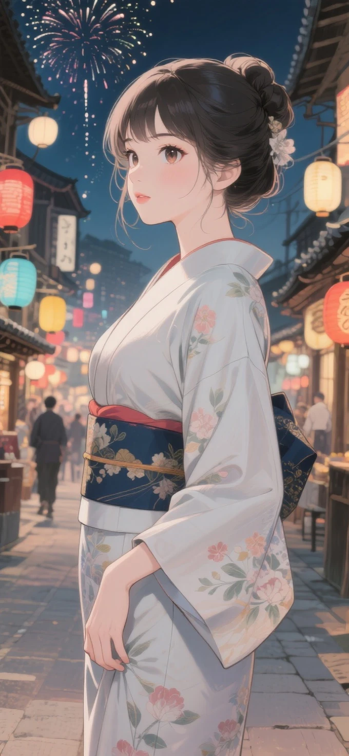 two-dimensional Japanese animated comic style，a beauty girl，wearing kimonos，Coiled hair，natta，bustling Japanese town streets，fire works，Close-up face close-up
