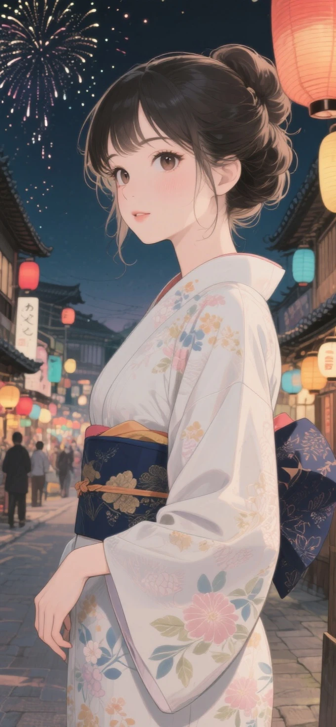 two-dimensional Japanese animated comic style,a beauty girl,wearing kimonos,Coiled hair,natta,bustling Japanese town streets,fire works,Close-up face close-up