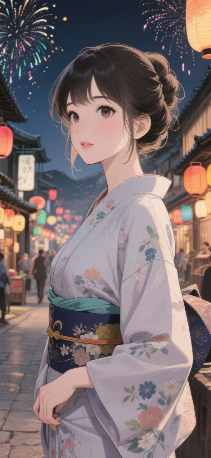 two-dimensional Japanese animated comic style,a beauty girl,wearing kimonos,Coiled hair,natta,bustling Japanese town streets,fire works,Close-up face close-up